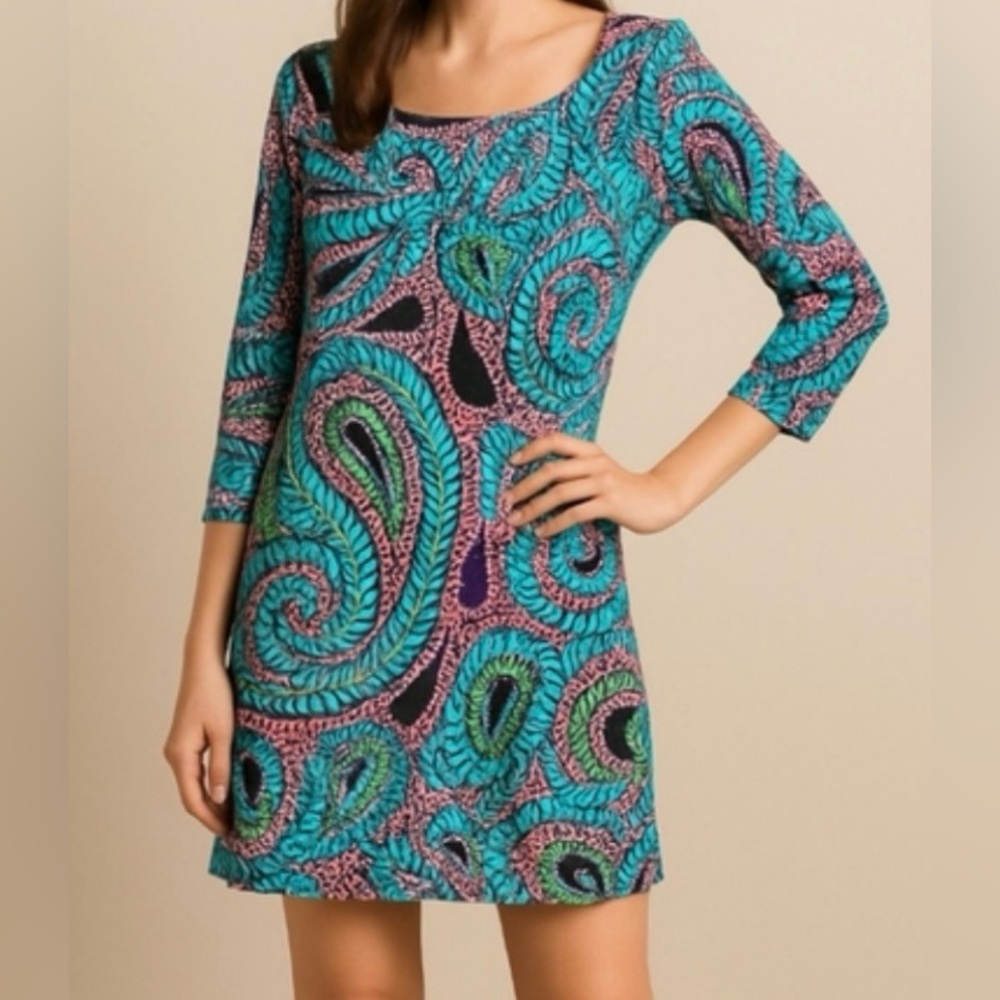 Lilly Pulitzer Newport Dress – Paisley Silk, Square Neck, 3/4 Sleeve, Size 4